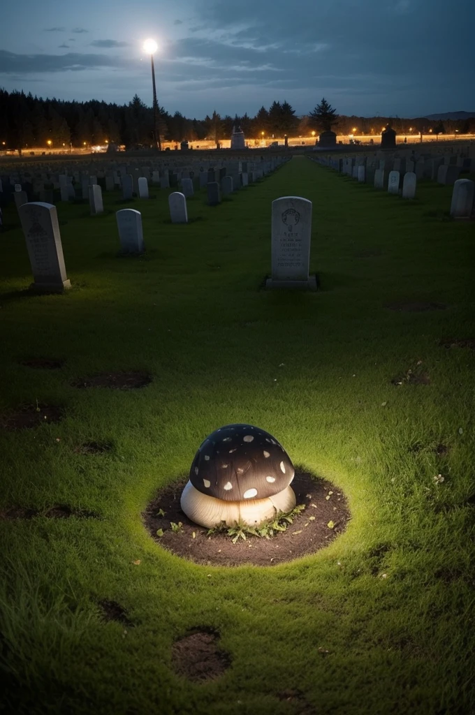 Imagine a cemetery at night and in that cemetery there is a mushroom in the center written very large "RIP BØRED" on his very big stem