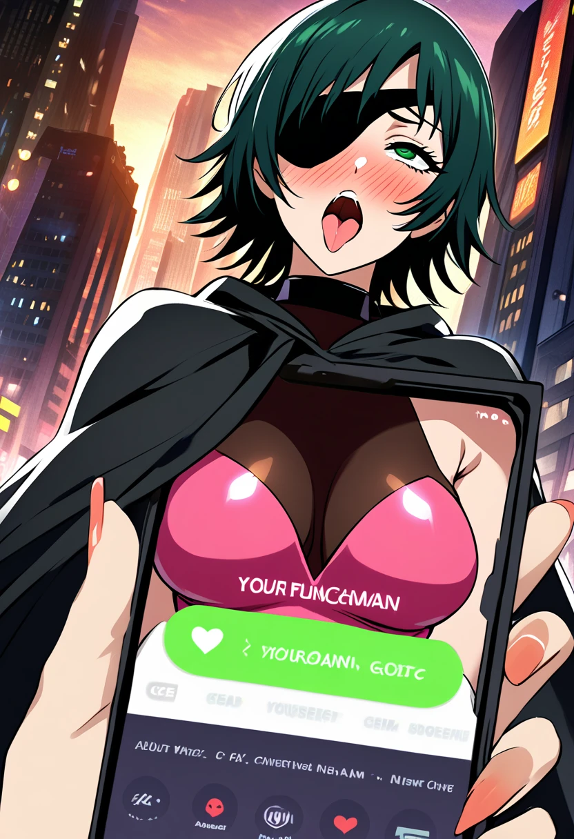 mature female, mature, Adult, himeno, himeno(Chainsaw Man), POV, 1girl, black hair, short hair, eyepatch, solo, hypnosis, brainwashed, blush, phone, heart, eye symbol, rating_questionable, naughty face, rolling_eyes, cross-eyes, ahegao, open mouth tongue out, nsfw, Villains, chest, View your audience, Night town, City, skyscraper, Night, Dark, latex pink leotard under the black cape, masterpiece, Top animation quality，Top image quality,