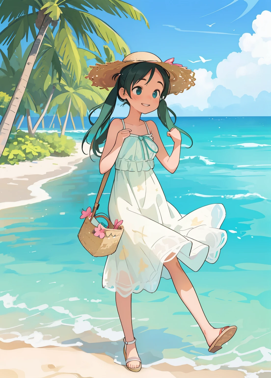 (masterpiece、Highest quality、Highest quality、Official Art、Beautiful and beautiful:1.2)、(One girl:1.3)Hatsune Miku、Twin tails,Beautiful breasts, Detailed Background、Highest quality、Beach、3 beauties in their 20s、Cute hairstyle、Big Breasts、smile、Feminine and cool one-piece style、Opt for flared skirts and maxi dresses、Choose cool materials、Pair it with sandals or espadrilles、Add a resort feel with a straw hat and tote bag.、Bright colors and patterns、By incorporating ruffles and lace details、Creates feminine charm