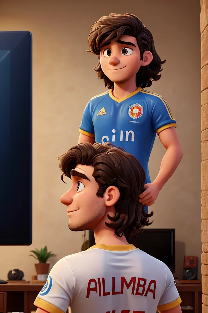 22-year-old man with wavy hair wearing a Colombia national team shirt and on the back it says Sneider and he is watching the Colombia game on a television