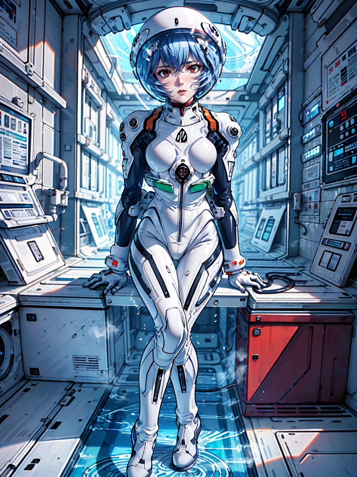 ((Highest quality, 8k wallpaper)),(masterpiece, Highest quality),Very detailed,High resolution,(Official Art:1.3),(((Anime screenshots,Black outline))),One girl,alone, Break mer1,(Rei Ayanami {Neon Genesis Evangelion,}1.2),masterpiece, best quality, outdoor, 1girl, Solo,red eyes,short hair,blue hair, (White plug suit:1.4), skin tight,(backlight, shaded face, cross-eyed, rolling eyes, empty eyes, jitome, raised eyebrows, one eye closed:1.3),(((Covered in sweat, Mass sweat, Sweating profusely,steam,full-face helmet:1.7))), (((fighting stance, knees together feet apart, leaning forward, holding own arms, bent legs:1.8))),(((独奏, cowboy shot:1.7))),
