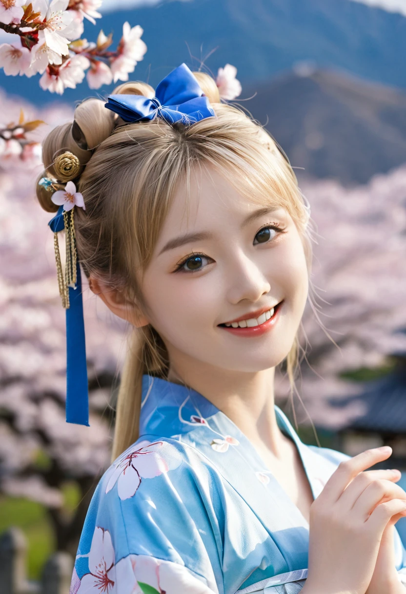 (((masterpiece: 1,5, best quality, high resolution, Super Resolution, Extremely detailed: 1,2, Rich background: 1,4))), (close up), (1 Girl), Solitary, Green Eyes, blonde long hair tied with blue Ribbon, Hair accessories, Bangs, Smile, High school girl, ??????????????, ((Hands in the air)), Japanese clothes, (Blue short kimono), sandals, Ribbon, Heart, ((outdoor)), Cherry blossoms, (Tory Gates), Stone steps, Sky (afternoon), Cherry blossomss fall, ((Dramatic lighting: 1,3)), cloudy, (The scenery behind Mount Fuji)
