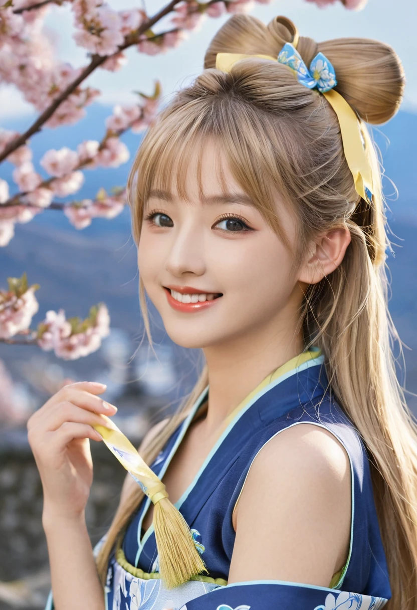 (((masterpiece: 1,5, best quality, high resolution, Super Resolution, Extremely detailed: 1,2, Rich background: 1,4))), (close up), (1 Girl), Solitary, Green Eyes, blonde long hair tied with blue Ribbon, Hair accessories, Bangs, Smile, High school girl, Medium breasts, ((Hands in the air)), Japanese clothes, (Blue short kimono), sandals, Ribbon, Heart, ((outdoor)), Cherry blossoms, (Tory Gates), Stone steps, Sky (afternoon), Cherry blossomss fall, ((Dramatic lighting: 1,3)), cloudy, (The scenery behind Mount Fuji)