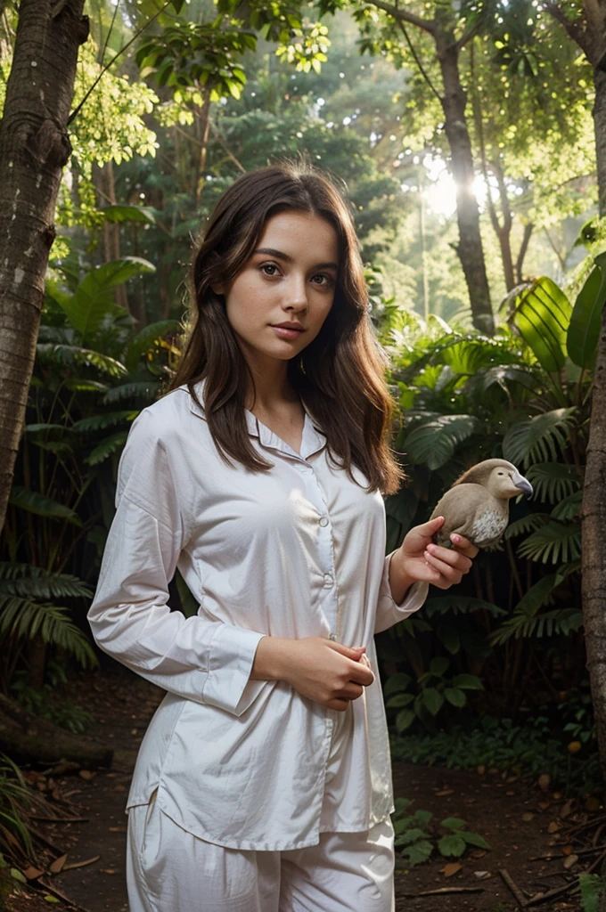 Beautiful girl, oval face, sexy pijama, in the forest, with a DODO bird in her hand