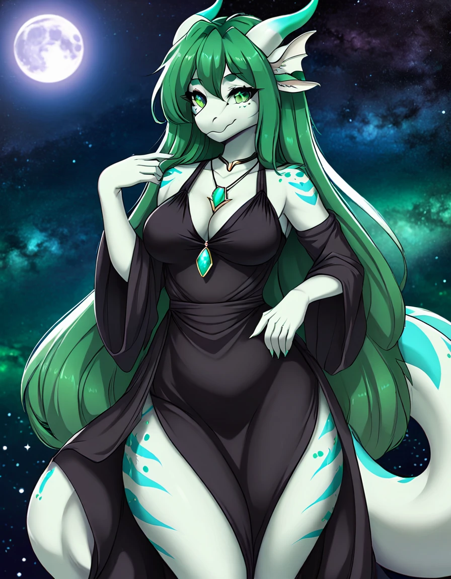 anime style, furry female dragon, anthropomorphic green with light green spots and turquoise stripes, galaxy background, full body photo, moon pendant necklace, long dark green hair, with Bondage