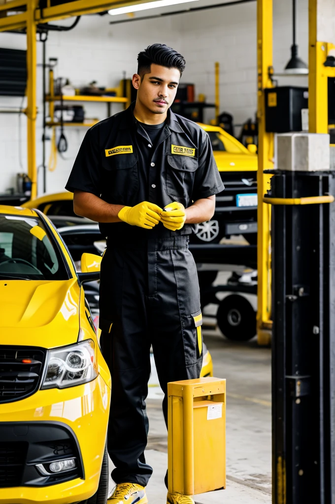Automotive technician dressed in black and yellow worker's clothing and logo that says "Duncan Accumulators"
industrial lenses full front shot sharpness white background