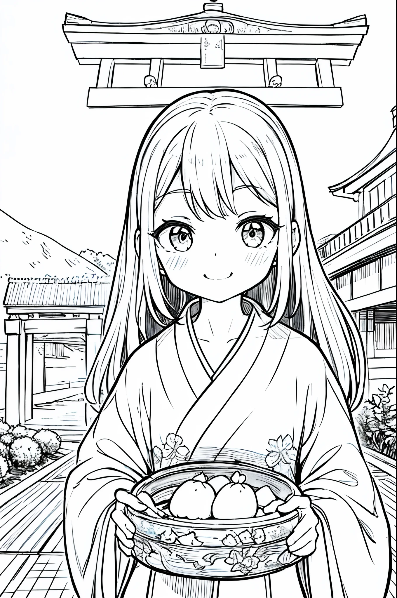 As a coloring book, the color should be black and white, the border should be simple, clear, and bold. A cheerful Asian girl with bright eyes and a mischievous smile is playfully posing in front of the iconic [Fushimi Inari-taisha Shrine] in Kyoto, Japan. She is dressed in a vibrant [kimono with fox pattern], the bold orange and white colors complementing the vermilion torii gates that line the path. The girl's hands are clasped in a playful gesture, and her hair is adorned with a traditional [kanzashi hair ornament].