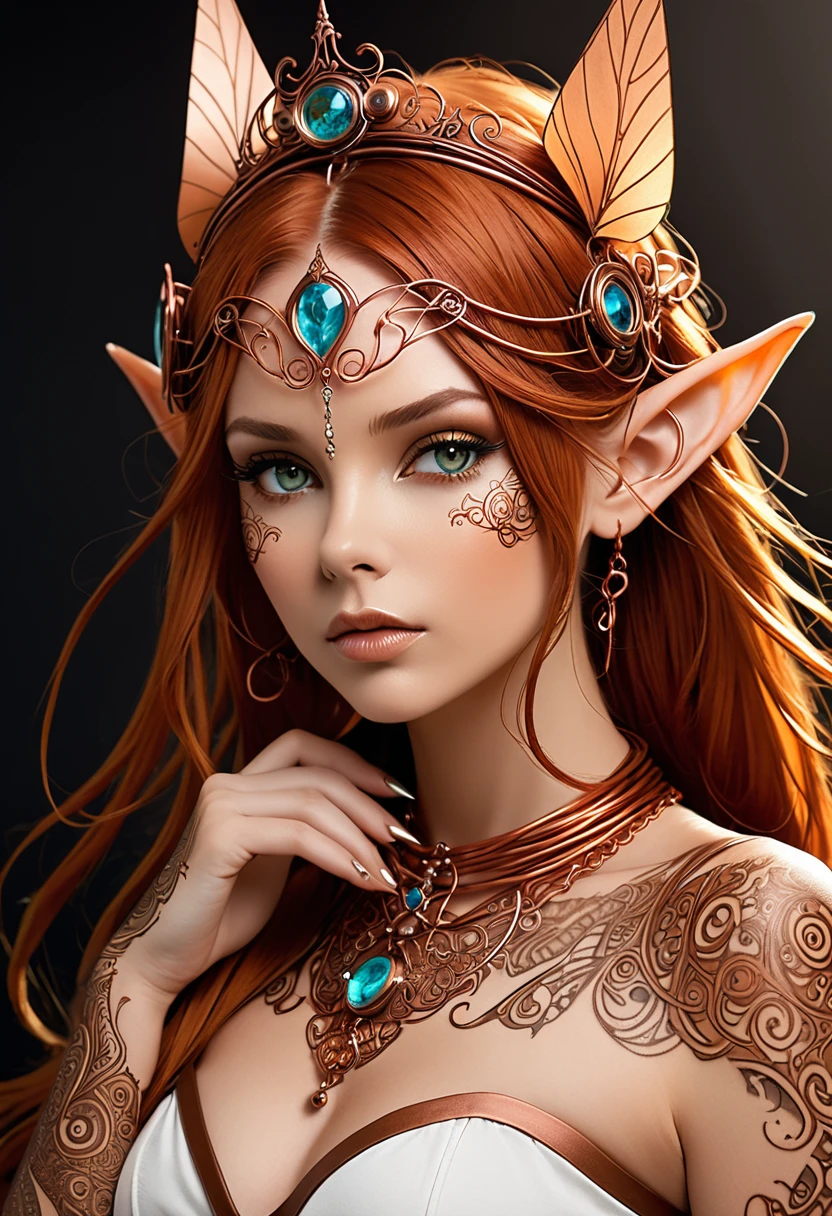 Steampunk elven princess. Hear copper wire necklaces and bangles. Crown of fine copper wire. copper coloured tatoos cover her face and body intricate and beautiful designs. LArge pointed ears that end in curlicues.