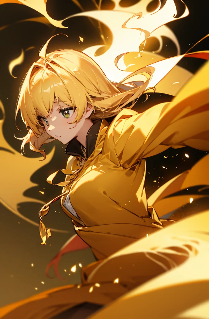girl, Flowing golden blonde hair, Yellow Eyes, Golden Imperial Costume, Neckline, anime, In the background is a clear sky with sparkling lights, Dynamic Angle, Arrogant Laugh