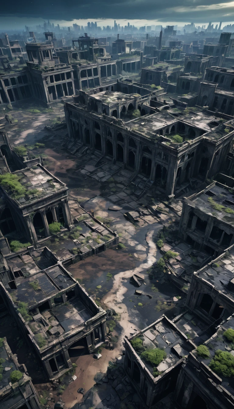 An aerial view of a once-beautiful planet now reduced to a toxic wasteland with crumbling ruins and acid rain falling from a dark, polluted sky. The landscape is marred by deep scars and desolate ruins, remnants of a once-thriving civilization. [Camera shot: Wide aerial shot]. Use a dark and unsettling color palette to convey the nightmarish atmosphere of the scene, dark anime, Madhouse Studio style, cinematic, with a focus on highly detailed and high-resolution 16k imagery.