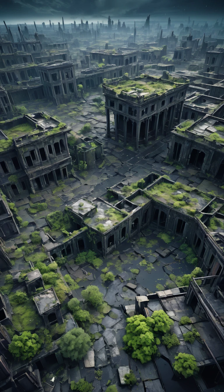 An aerial view of a once-beautiful planet now reduced to a toxic wasteland with crumbling ruins and acid rain falling from a dark, polluted sky. The landscape is marred by deep scars and desolate ruins, remnants of a once-thriving civilization. [Camera shot: Wide aerial shot]. Use a dark and unsettling color palette to convey the nightmarish atmosphere of the scene, dark anime, Madhouse Studio style, cinematic, with a focus on highly detailed and high-resolution 16k imagery.