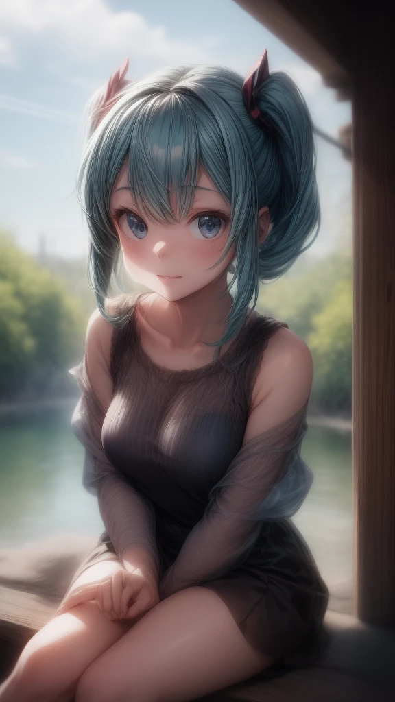 Hatsune Miku wearing a white one-piece dress with an off-the-shoulder look, sitting in nature with a blue sky in the background, in the style of Makoto Shinkai。