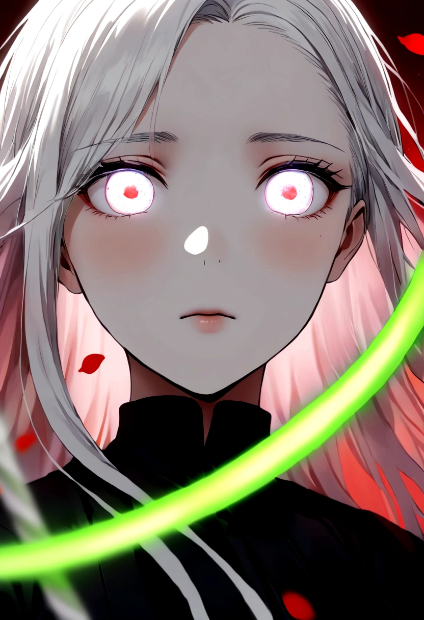 Blurred outline of existence, bright white eyes, ,Blurred outline of existence, Fully white glowing eyes,,White flowers on eyes,Fire butterflys,Anime style,1 girl,Silver long hair,(((White spots on eyes:1.37))),(((Black pleated skirt,))),Elegant Posture、Red Moon、dark purple tones,Elegant and atmospheric。,(((Fluorescent green whip:1.37。Motion blurred,))),Petals in the sky,Blurred foreground,Face Focus