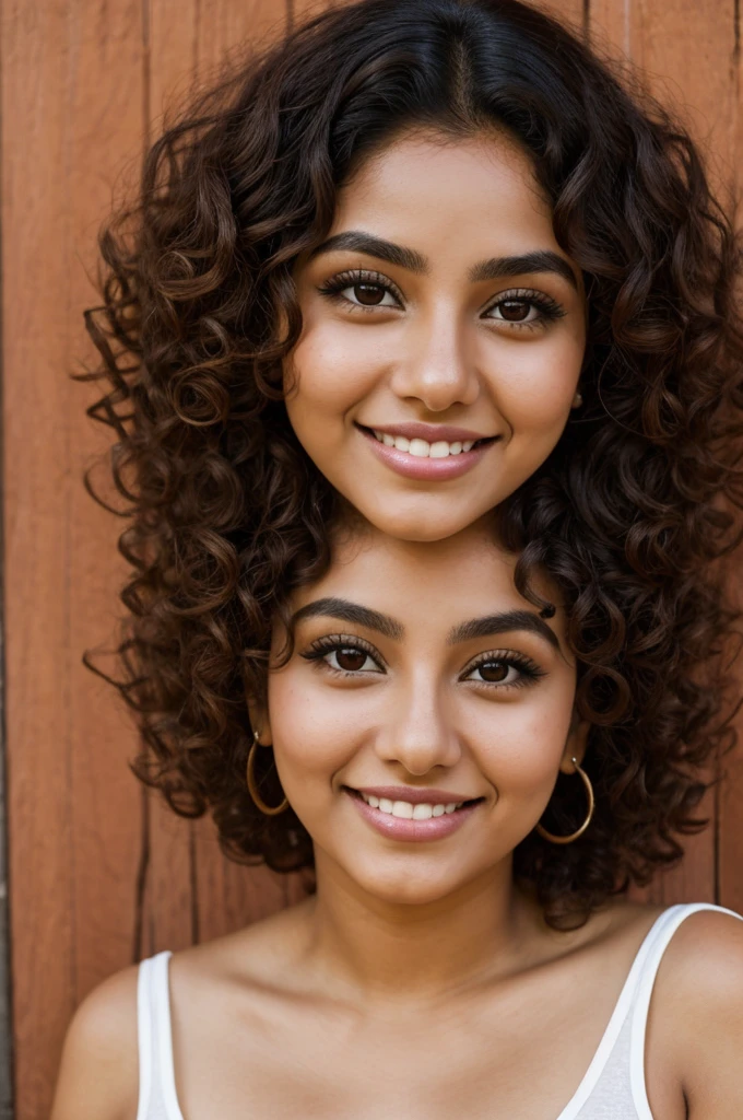 25 year old Mexican woman, curly hair, mole above lip, big eyes and thick lips, smiling