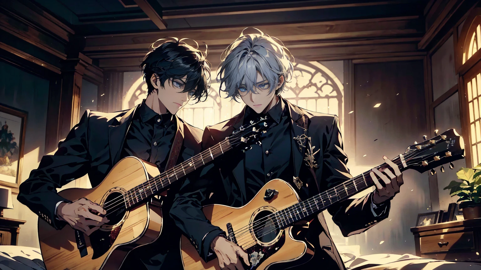 "best quality , High quality , The best details ,Portrait of two passionate guitar brothers, in the bedroom,A place where sunlight shines through , Create a play of light and shadow.. Guitarist holding a wooden guitar, inside the room, striking black shirt. Mesmerizing performance moments, Musicians immerse themselves in music.,beautiful sky,a young man,short black hairstyle, blue eyes, handsome,elder brother,Wear a wedding ring on the finger,มีmanอีกคน,younger brother,man(The second one.)white hair, blue eyes"