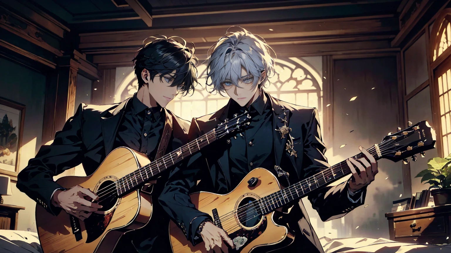 "best quality , High quality , The best details ,Portrait of two passionate guitar brothers, in the bedroom,A place where sunlight shines through , Create a play of light and shadow.. Guitarist holding a wooden guitar, inside the room, striking black shirt. Mesmerizing performance moments, Musicians immerse themselves in music.,beautiful sky,a young man,short black hairstyle, blue eyes, handsome,elder brother,Wear a wedding ring on the finger,มีmanอีกคน,younger brother,man(The second one.)white hair, blue eyes"