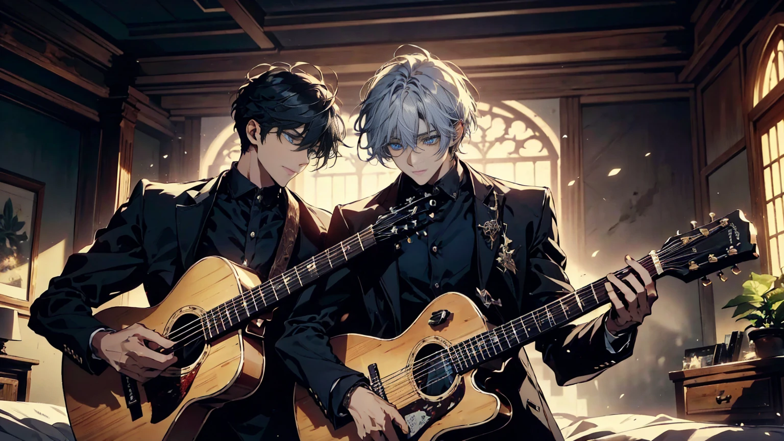 "best quality , High quality , The best details ,Portrait of two passionate guitar brothers, in the bedroom,A place where sunlight shines through , Create a play of light and shadow.. Guitarist holding a wooden guitar, inside the room, striking black shirt. Mesmerizing performance moments, Musicians immerse themselves in music.,beautiful sky,a young man,short black hairstyle, blue eyes, handsome,elder brother,Wear a wedding ring on the finger,มีmanอีกคน,younger brother,man(The second one.)white hair, blue eyes"