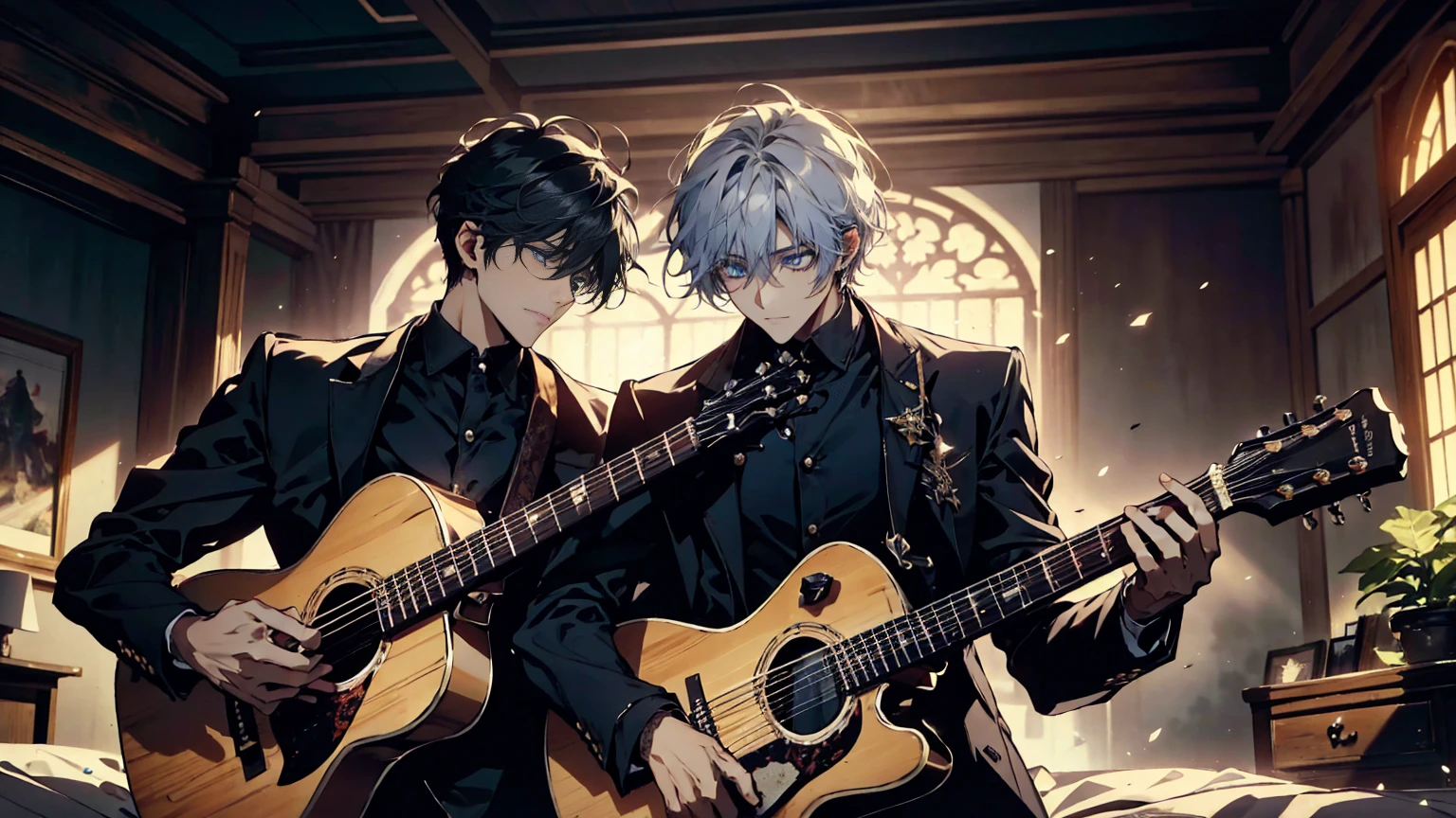 "best quality , High quality , The best details ,Portrait of two passionate guitar brothers, in the bedroom,A place where sunlight shines through , Create a play of light and shadow.. Guitarist holding a wooden guitar, inside the room, striking black shirt. Mesmerizing performance moments, Musicians immerse themselves in music.,beautiful sky,a young man,short black hairstyle, blue eyes, handsome,elder brother,Wear a wedding ring on the finger,มีmanอีกคน,younger brother,man(The second one.)white hair, blue eyes"