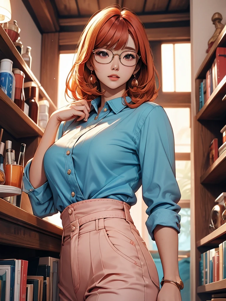 In manhwa art style young adult Korean woman 24s. Her haircut is hime cut with bangs and ginger color. Her face is oval , which carry a hopefully and cool face. Her skin is radiant and clear, and her lips is red pink. Brown color eyes are captivating and beautiful. She is wearing a black pants and blue long-sleeved and glasses blouse while inside his photographic studio