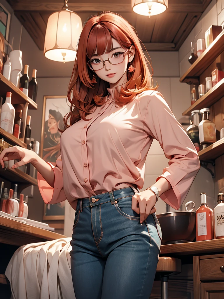 In manhwa art style young adult Korean woman 24s. Her haircut is hime cut with bangs and ginger color. Her face is oval , which carry a hopefully and cool face. Her skin is radiant and clear, and her lips is red pink. Brown color eyes are captivating and beautiful. She is wearing a black pants and blue long-sleeved and glasses blouse while inside his photographic studio