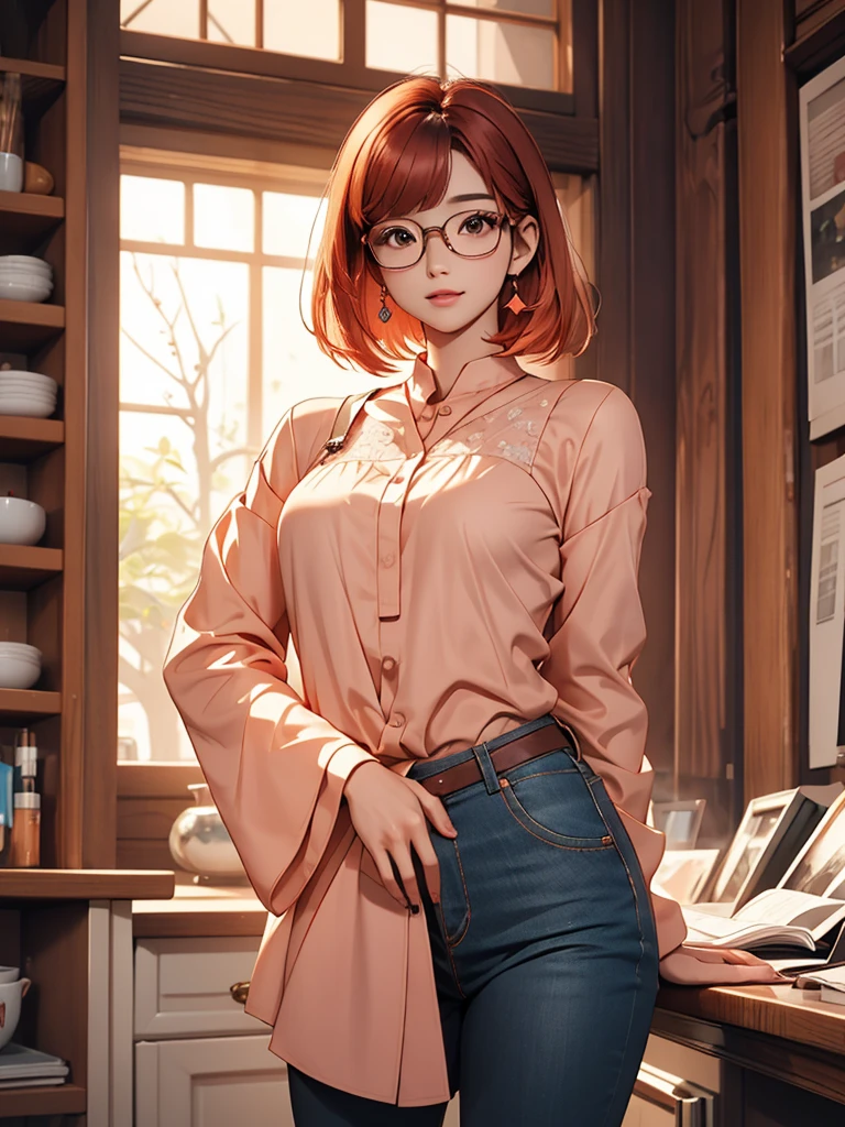 In manhwa art style young adult Korean woman 24s. Her haircut is hime cut with bangs and ginger color. Her face is oval , which carry a hopefully and cool face. Her skin is radiant and clear, and her lips is red pink. Brown color eyes are captivating and beautiful. She is wearing a black pants and blue long-sleeved and glasses blouse while inside his photographic studio