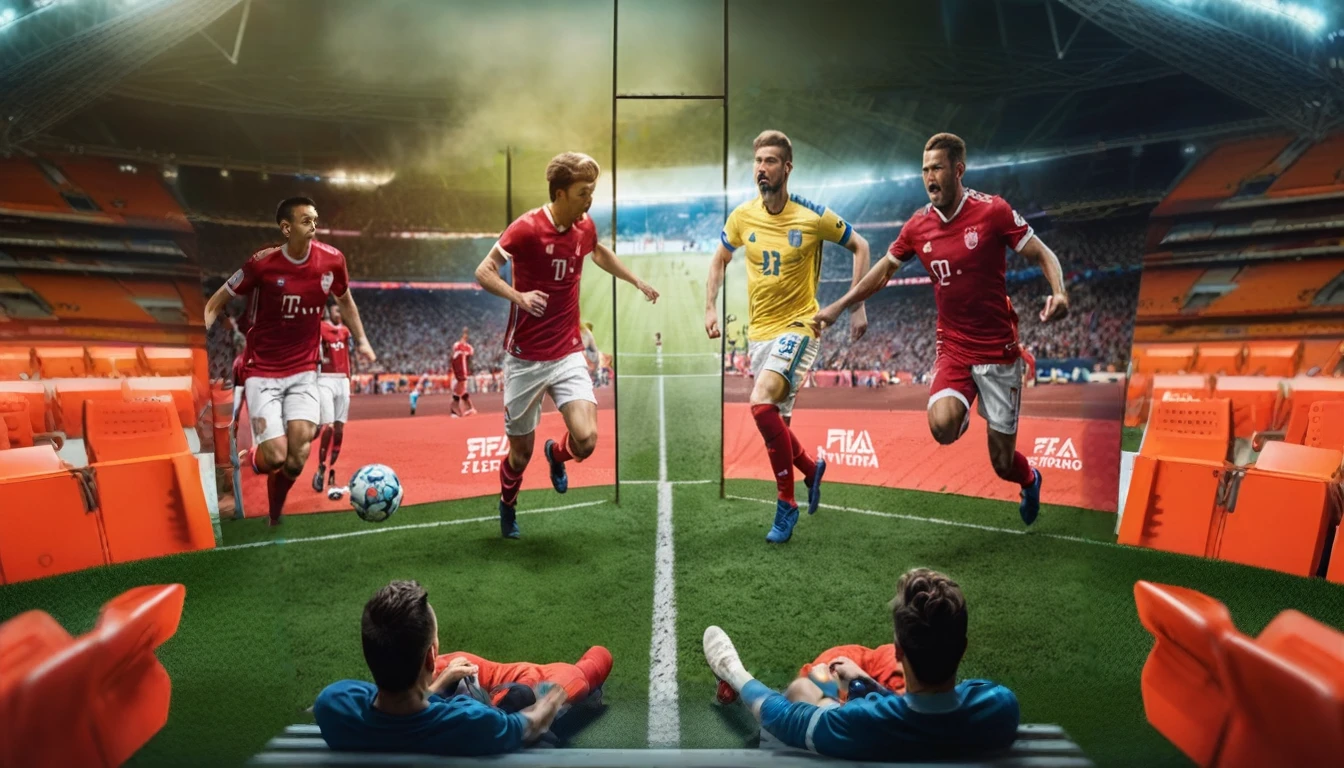 there are many people playing soccer in a stadium with a large screen, best on adobe stock, in style of kyrill kotashev, cover shot, 🕹️ 😎 🔫 🤖 🚬, badass composition, youtube thumbnail, true realistic image, 3840 x 2160, 3840x2160, by karlkka