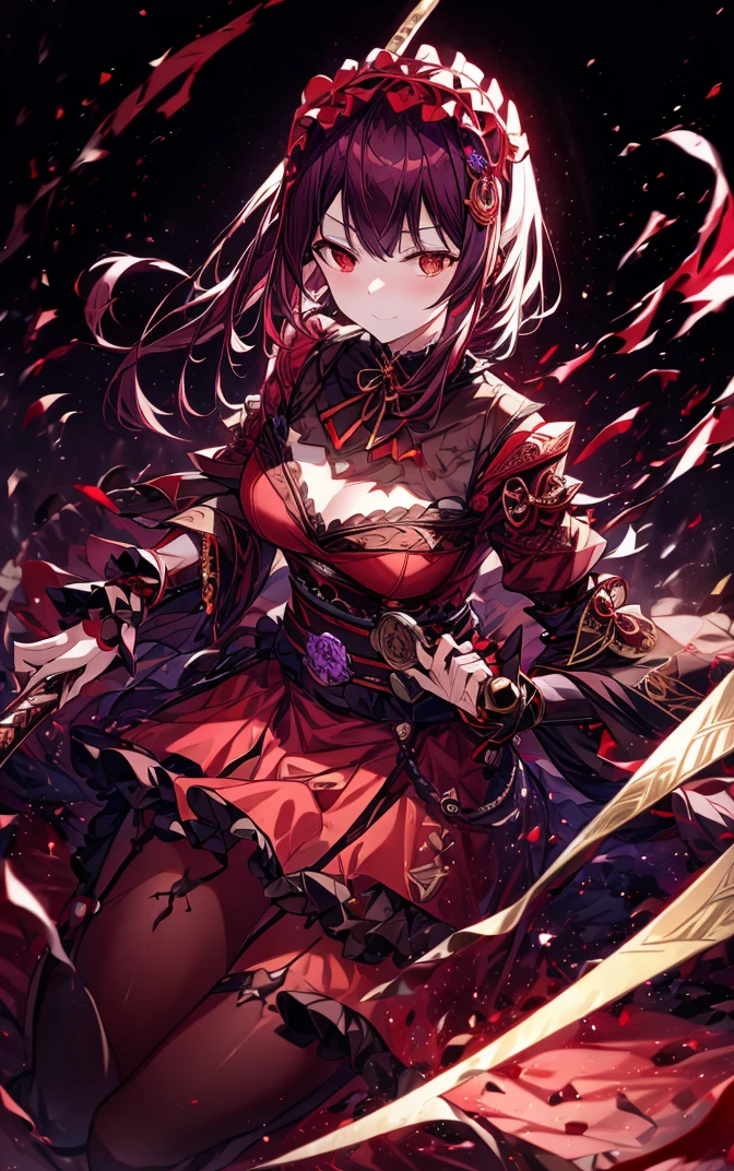 best quality,4K,high resolution),Ultradetailliert,Realistic,Portrait, Lila Samurai Scarf with a Katana Dark Red Hair, a purple-dark devil dress with gold trim and bright red eyes, Light Farben, delicate features, seductive glance, Charming smile, Wallende Haare, Cursed Light, Two Swords