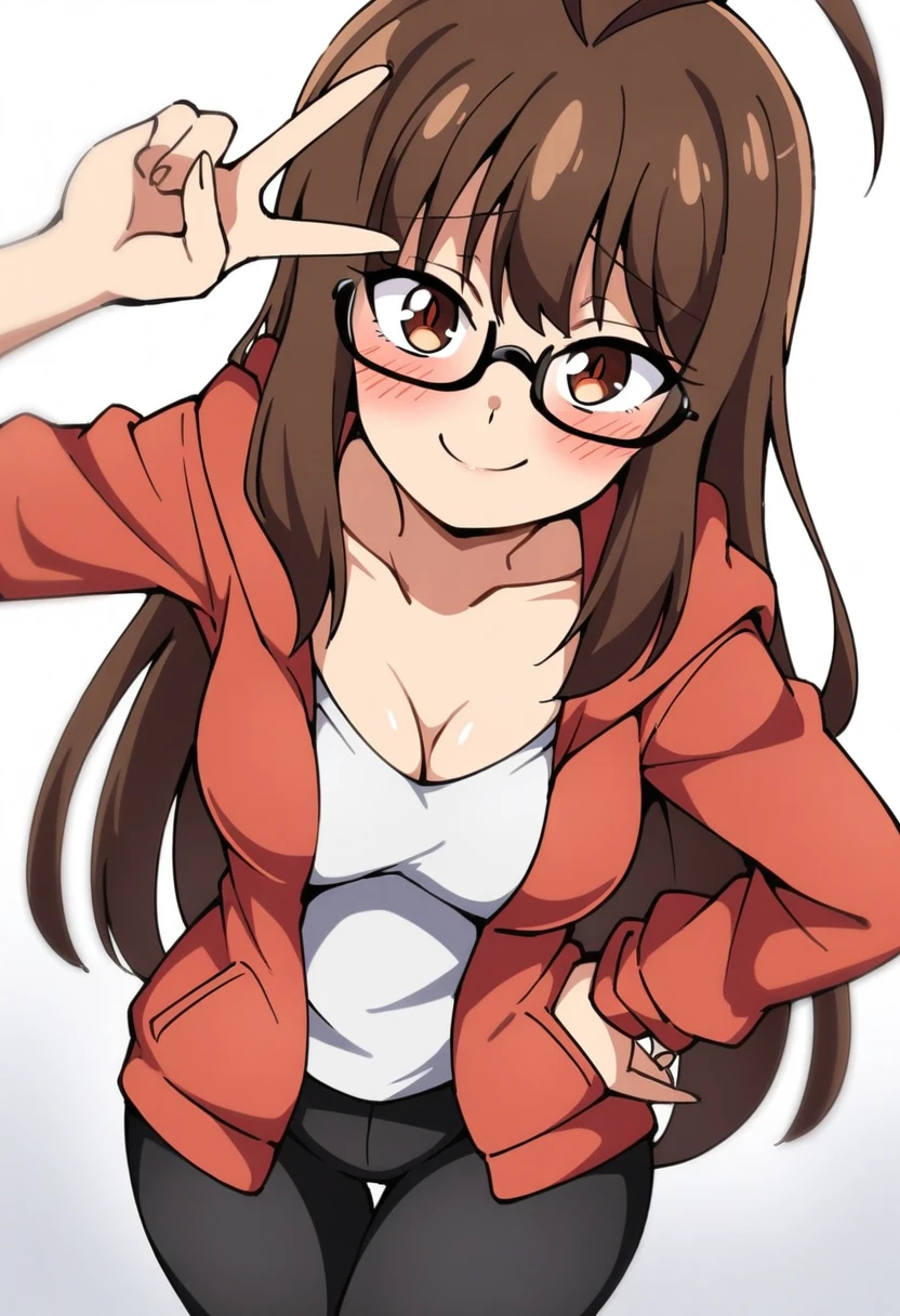 (mix1), anime art style, 2d, masterpiece, best quality, very aesthetic, absurdres, dynamic shadows, atmosferic, (1girl), (brown hair), antenna hair, long hair, brown eyes, eyeslashes, detailed eyes, glasses, ahoge, bangs, medium breasts, cleavage, collarbone, makeup, intense blush, red hoodie, white shirt, open clothes, sexy smile, standing, v, hands on own hip, (cowboy shot), from above, looking at viewer, simple background, white background