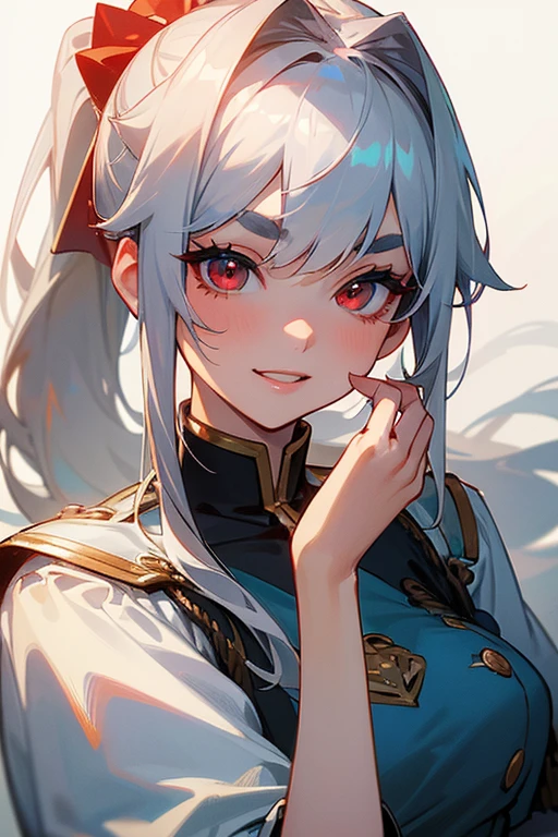 (Highest quality, masterpiece:1.2), (High resolution, 最高masterpiece).(difficult).Very detailed, Realistic:1.37, Fantasy, An illustration,Gray Hair、 Red eyes、Queen, White and blue dress、beautifully、Eyeshadow Red、Thick eyebrows、Long eyelashes、pupils are black、shiny on the lips、Top Sites、Queen、Princess、A kind smile、Show your teeth a little and smile、Soft impression、people々々々々Loved by、Slimming the face、Shoulder Bare、ponytail、Kissing Face、Long white hair、Shaggy Bangs、Save face image、((Combat Uniform))