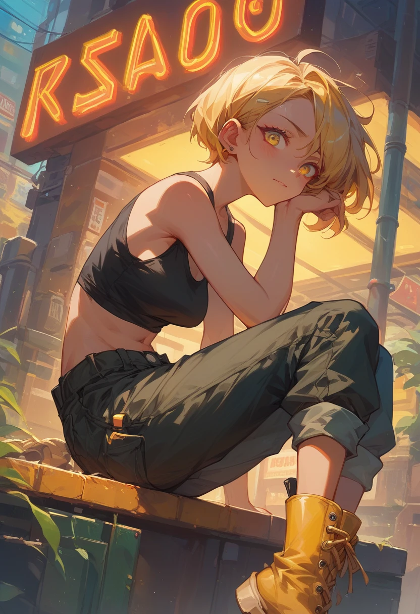 Complex、Very detailed、whole body、Wear a yellow cropped top、Wear a black tank top、Wear black cargo pants、Wear yellow short boots、Leaning against a neon sign that says Weapons、Female Android