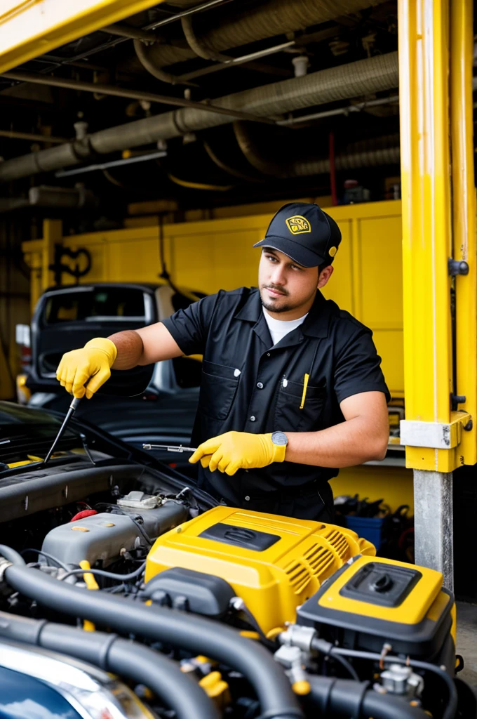 Automotive technician dressed in black and yellow worker's clothing industrial glasses full frontal shot sharpness white background