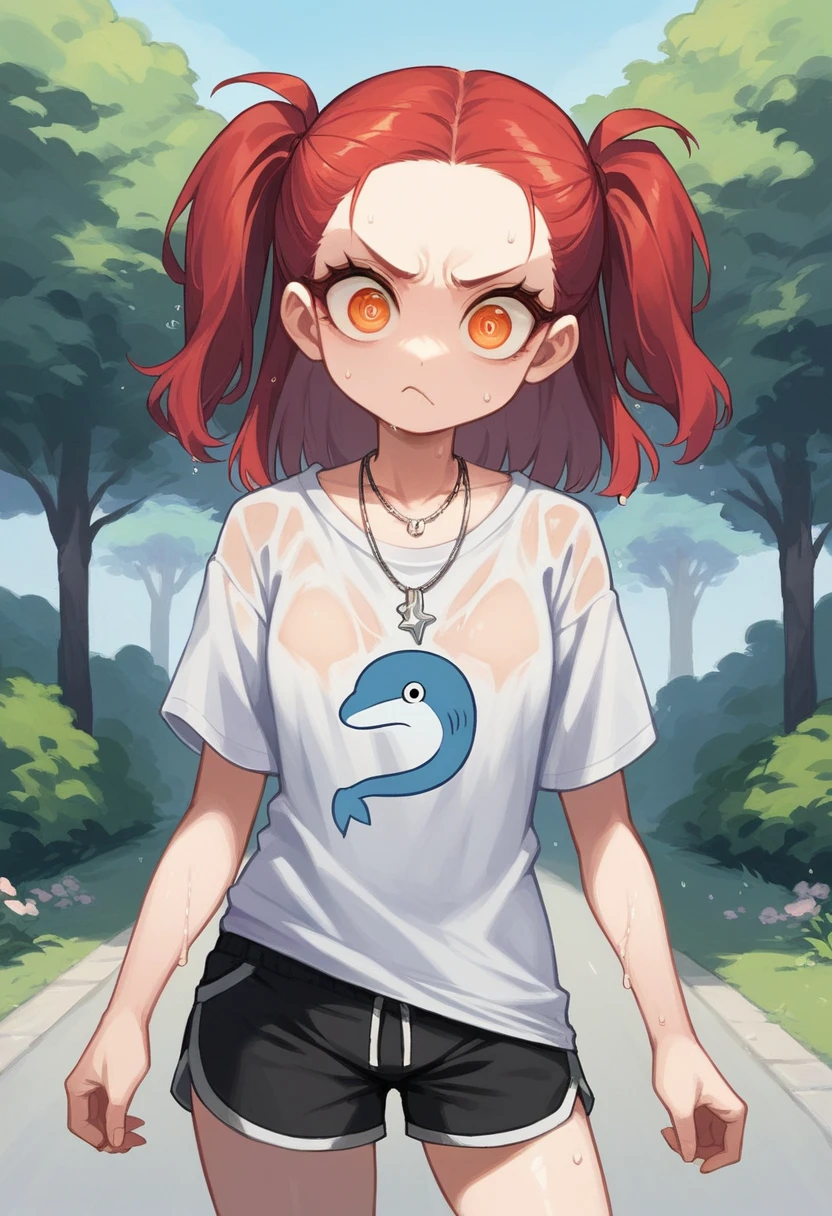 score_9, score_8_up, score_7_up,expressive eyes,1 girl, straight cut,hair over forehead, smooth hair,colored white and red hair,orange eye, swirly eyes,necklace,two side up, revealing shirt, loose shirt, dolphin shorts,in park, closed mouth, :t, pout, mad ,thunderstorm,wet, nighttime