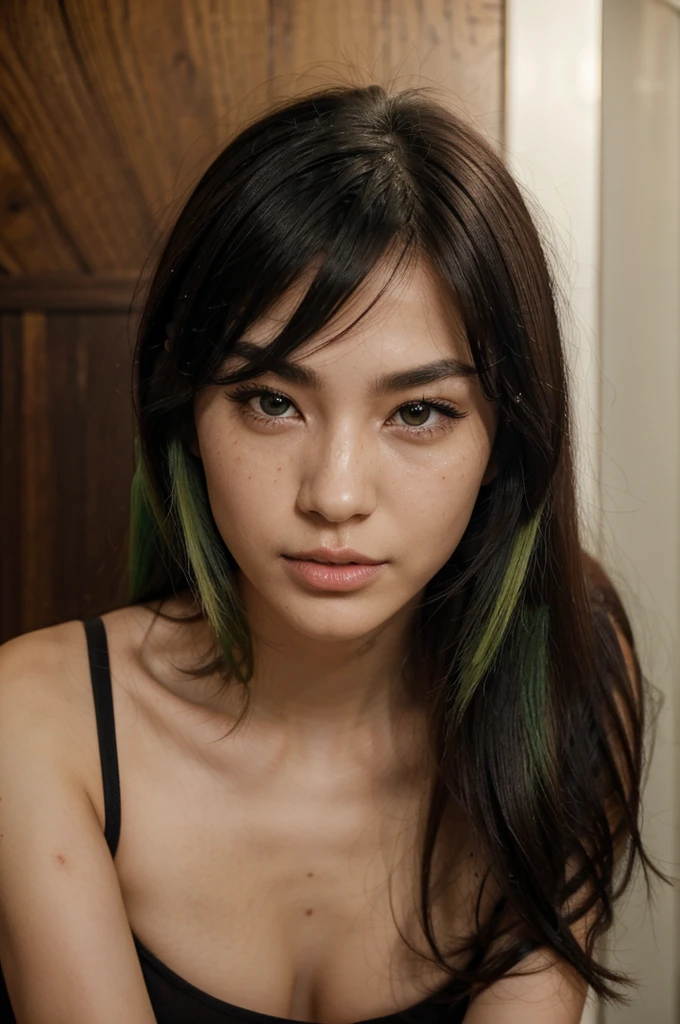 She has an oval face with high cheekbones, a defined jawline is Asian, japanese. His eyes are large and almond, black in color, with long eyelashes and thick, arched eyebrows, with a small scratch on his right eyebrow. His nose is small and straight, and she has full, wide lips. His hair is black with a green streak on the left side., short and smooth, usually worn loose with a fringe that partially covers the forehead. Her skin is fair with lots of freckles on her nose and rosy cheeks.. She is short in height, with a slim body build of robust breasts and a slim waist. She wears glasses and is spreading her legs for the camera