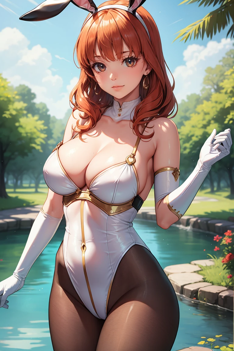 celica fe, orange eyes ,lipstick, blue eye shadow, 1girl, solo, perfect breasts, earrings glossy lips ,looking at viewer, blush, large breasts, nature, pond, trees, park, long white elbow satin gloves, holding, animal ears, cleavage, bare shoulders, jewelry, very l, gentle smile, pantyhose, earrings, fake rabbit ears, leotard, fake animal ears bunny, long white elbow gloves, white gloves
