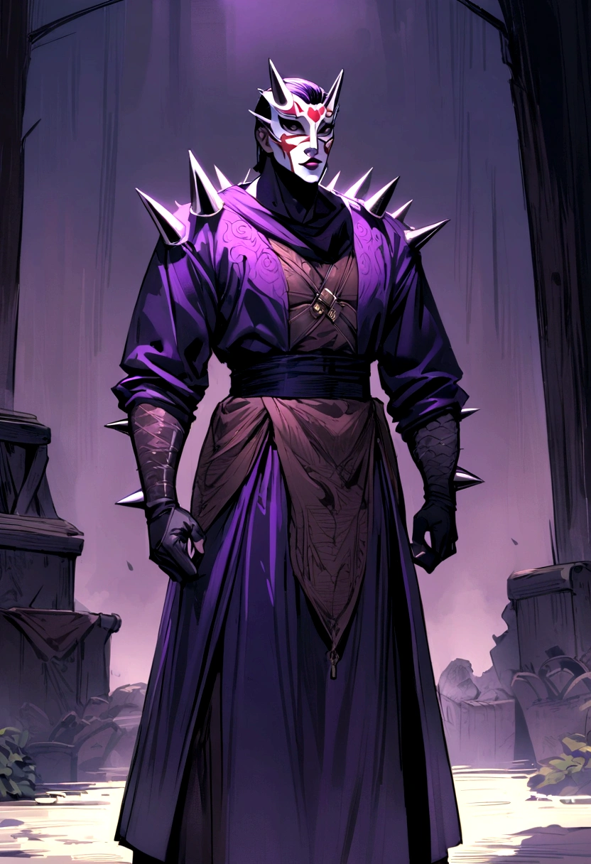 standing alone,trunk,mascle,shaved on the side,short spiky black deep purple hair,thin eyes,mascarado,black ninja outfit,beautiful face,mascle face,mascle nose