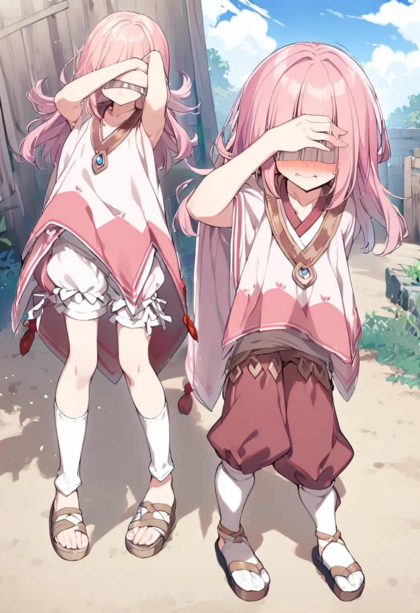 1 girl((multicolored pink hair hair,(bangs over eyes), embarrassed)
((tunic,poncho,(loose pants,bloomers),thigh-high socks, sandals), (ソフトクリームを食べる)