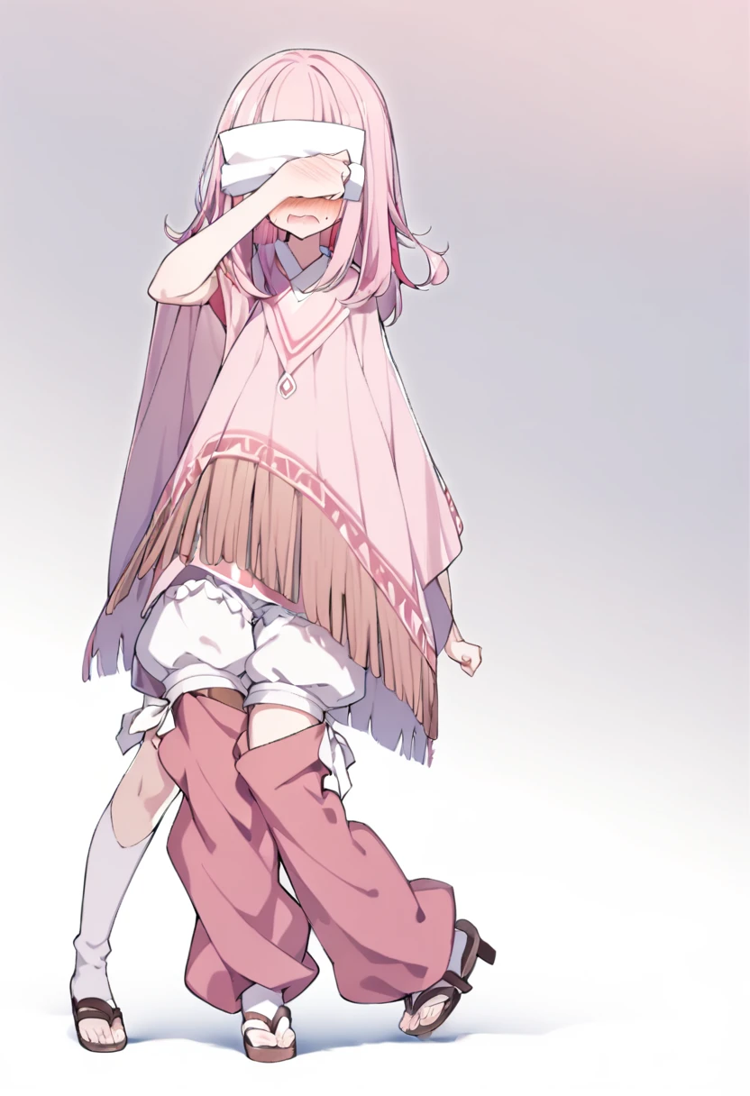 1 girl((multicolored pink hair hair,(bangs over eyes), embarrassed)
((tunic,poncho,(loose pants,bloomers),thigh-high socks, sandals), (ソフトクリームを食べる)
