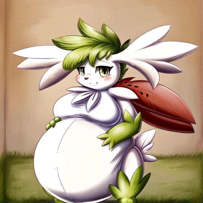 ((highest quality)),  Perfect Face ((Shaymin:1.1)) ((Pokémon)) ((anthro)) (((A large inflated belly ))) (((Belly)))