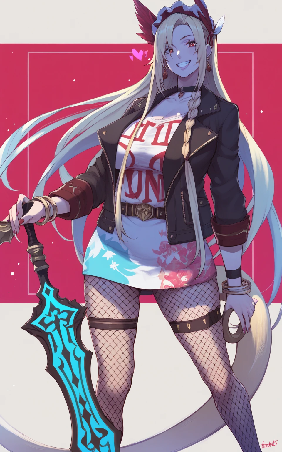 (asura art style:0.7), score_9, score_8_up, score_7_up, score_6_up, angelica, blonde hair, braid, single hair bun, red eyes, BREAK (masterpiece:1.2), best quality, high resolution, (beautiful detailed eyes:1.3), perfect lighting, (perfect hands, perfect anatomy), hearts, pleasured, large breasts, sagging breasts, 1girl, tail, solo, jacket, fishnets, smile, weapon, sword, jewelry, breasts, looking at viewer, fishnet pantyhose, sunglasses, shirt, choker, bracelet, earrings, pantyhose, collarbone, open clothes, black jacket, white shirt, grin, open jacket, thighs,