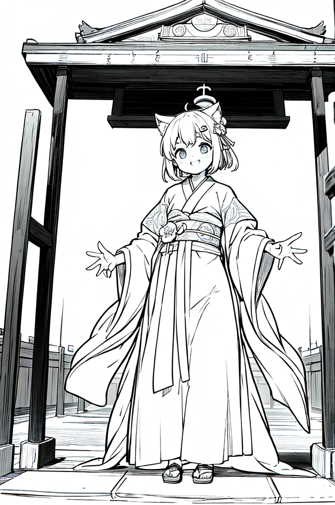 As a coloring book, the color should be black and white, the border should be simple, clear, and bold. A cheerful Asian girl with bright eyes and a mischievous smile is playfully posing in front of the iconic [Fushimi Inari-taisha Shrine] in Kyoto, Japan. She is dressed in a vibrant [kimono with fox pattern], the bold orange and white colors complementing the vermilion torii gates that line the path. The girl's hands are clasped in a playful gesture, and her hair is adorned with a traditional [kanzashi hair ornament].