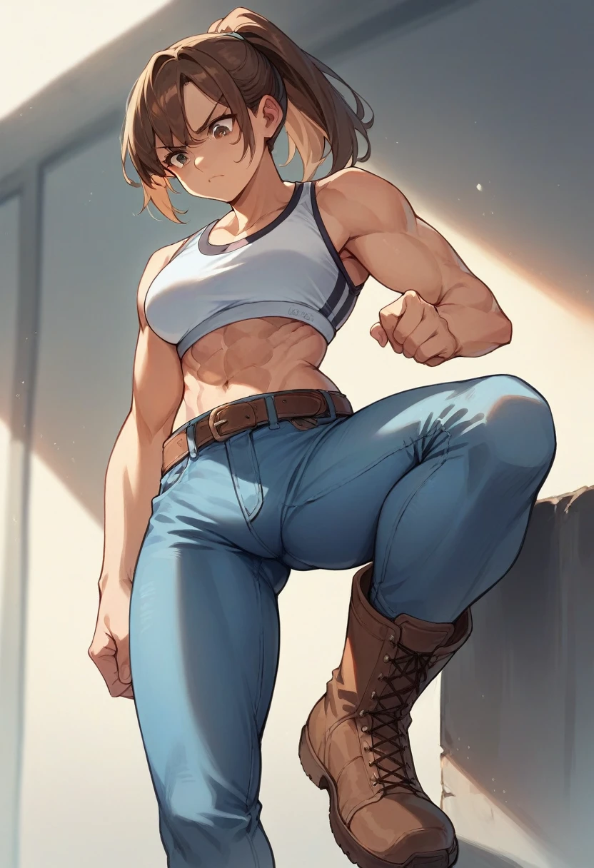 high resolution,Light blue jeans,skinny,Brown belt,Sports Bra,boots,Muscular,Brown Hair,ponytail,Beauty,cute,Glare,Looking down