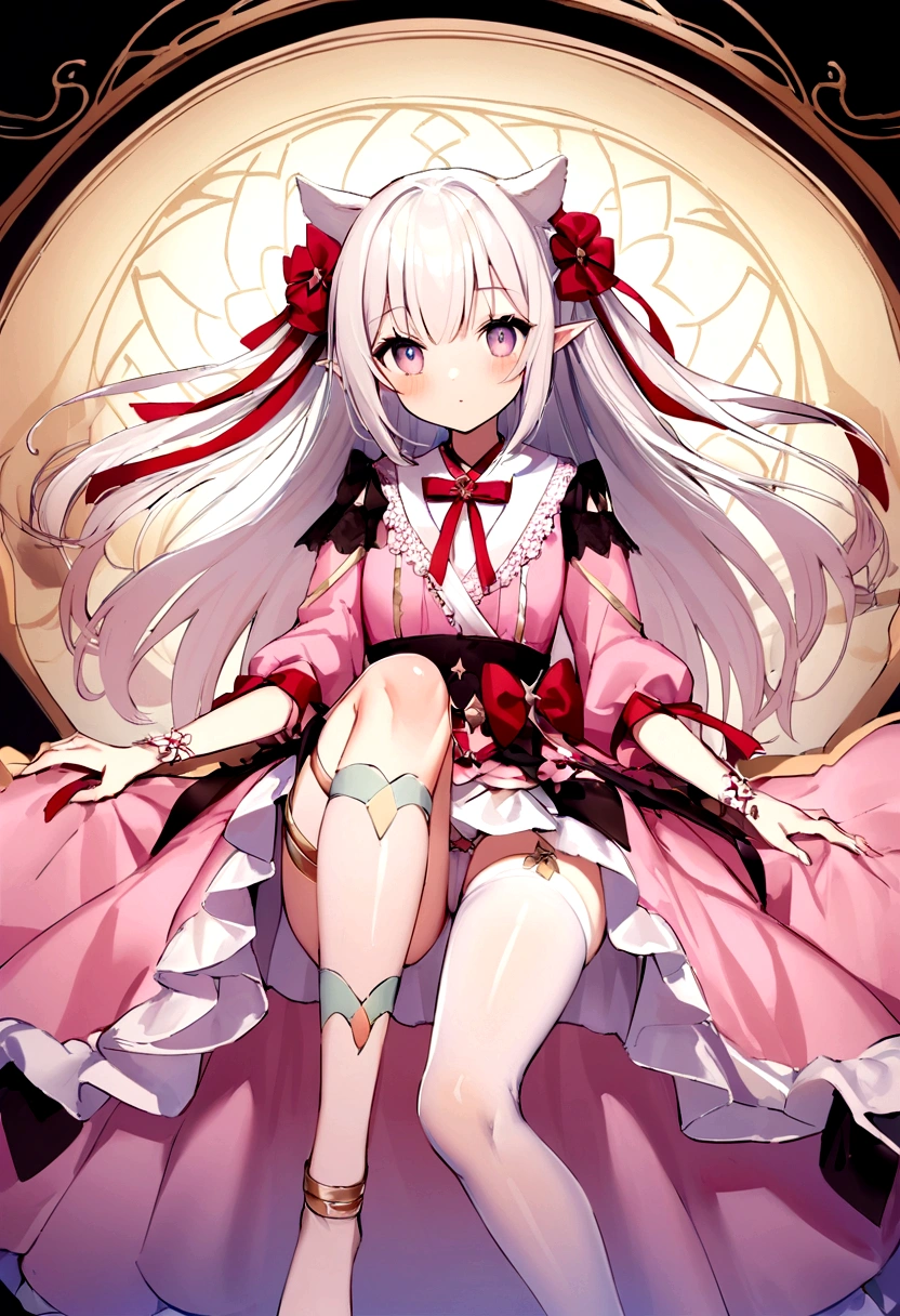 Name:Lucky Girl 1.66m white hair long hair,Fa Ka is a word consisting of two sixes.,The pupil is a white square,Iris is a color gradient。The two ears are hung with small pendants, which are six-sided and six-shaped.。There are six small ribbons on the middle.。The clothes are white and pink kimono short skirt pink Gothic Lolita clothes,Black butterfly-shaped ribbon tied on the chest。The left length of the white silk stockings just reaches under the skirt,Rainbow leg ring on left leg。
Two skeletons。(