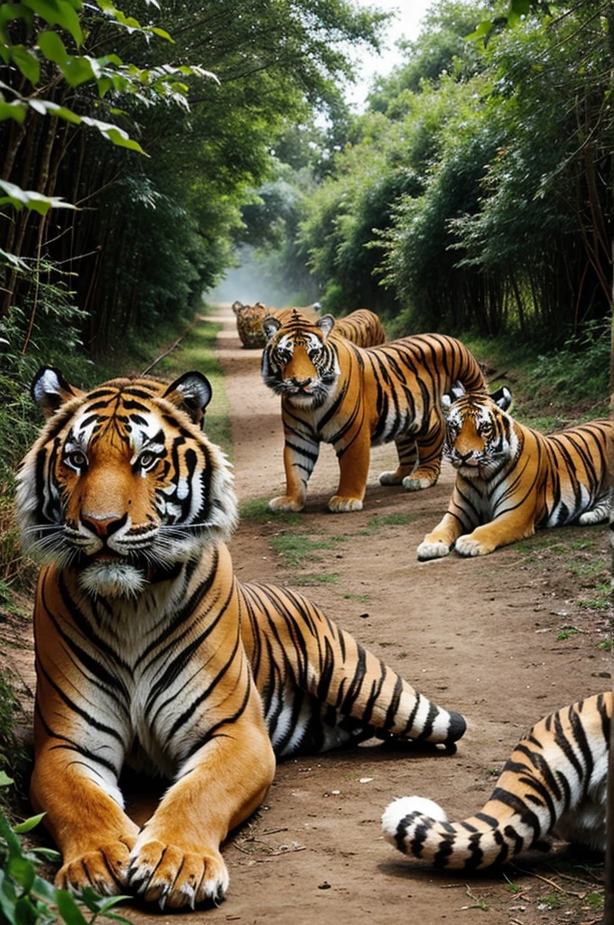 A group of tigers facing towards camera