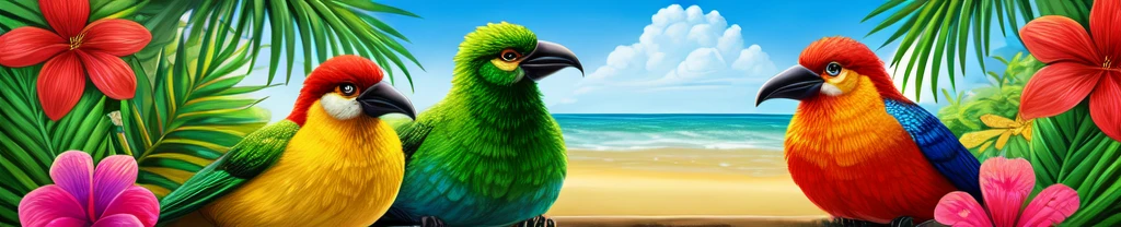 ((best qualityer)), ((work of art)), (detailded), Background, drawn tropical flowers, 4 Brazilian birds