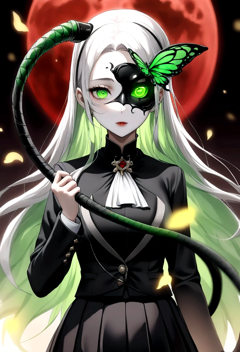 1 girl,Silver long hair,White flowers on eyes,Fire butterflys,Anime style,(((White spots on eyes:1.37))),(((Black pleated skirt,))),Elegant Posture、Red Moon、dark purple tones,Elegant and atmospheric。,(((Fluorescent green whip:1.37。Motion blurred,))),Petals in the sky,Blurred foreground,Face Focus