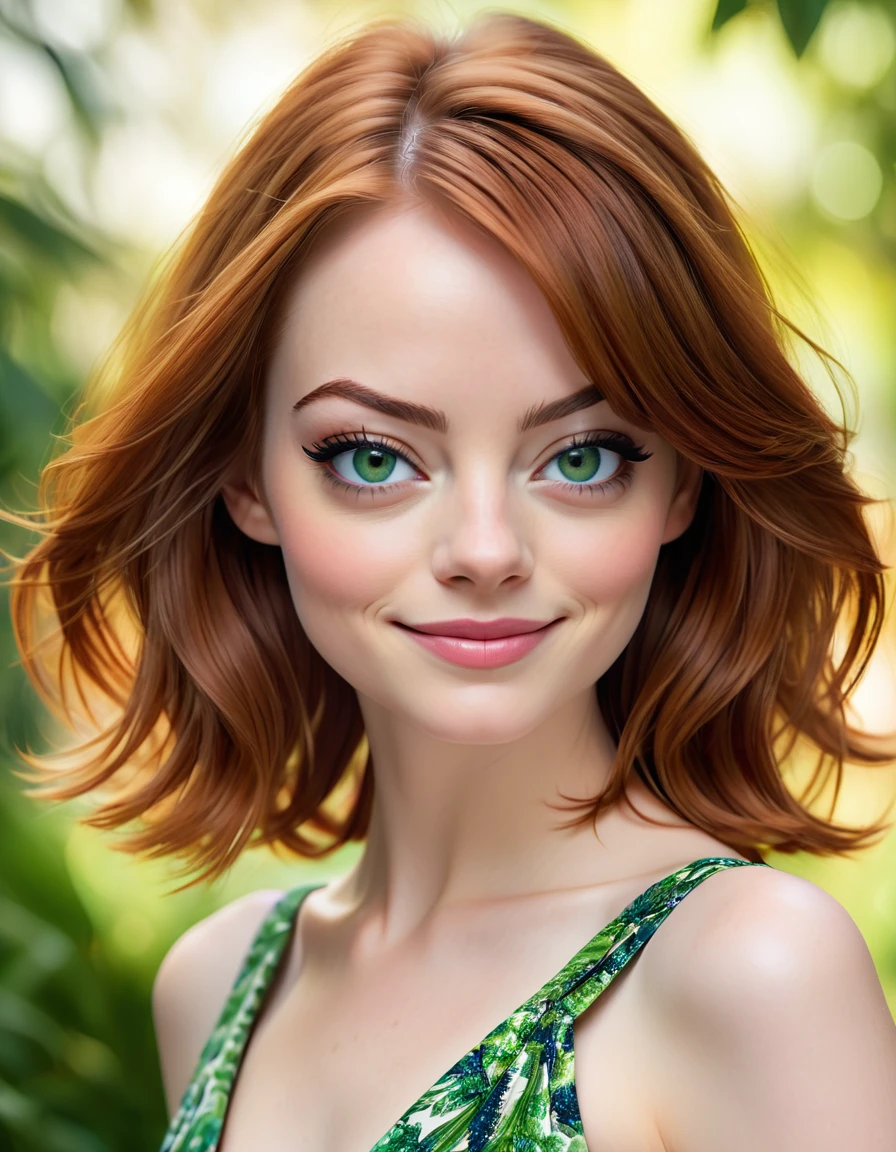 portrait of stunning emma stone, green eyes, nice smile, intense gaze, elegant, dynamic pose, highly detailed, hyper realistic, uhd, photo, sharp focus, post processing, digital printed fabric, aesthetic on beauty of female, fashion trendy, dslr, High resolution for website, incredibly detailed, hyper-realistic, Cinematic light, Complex, HDR, 32k