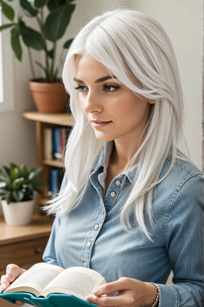 A woman reading with white hair 
