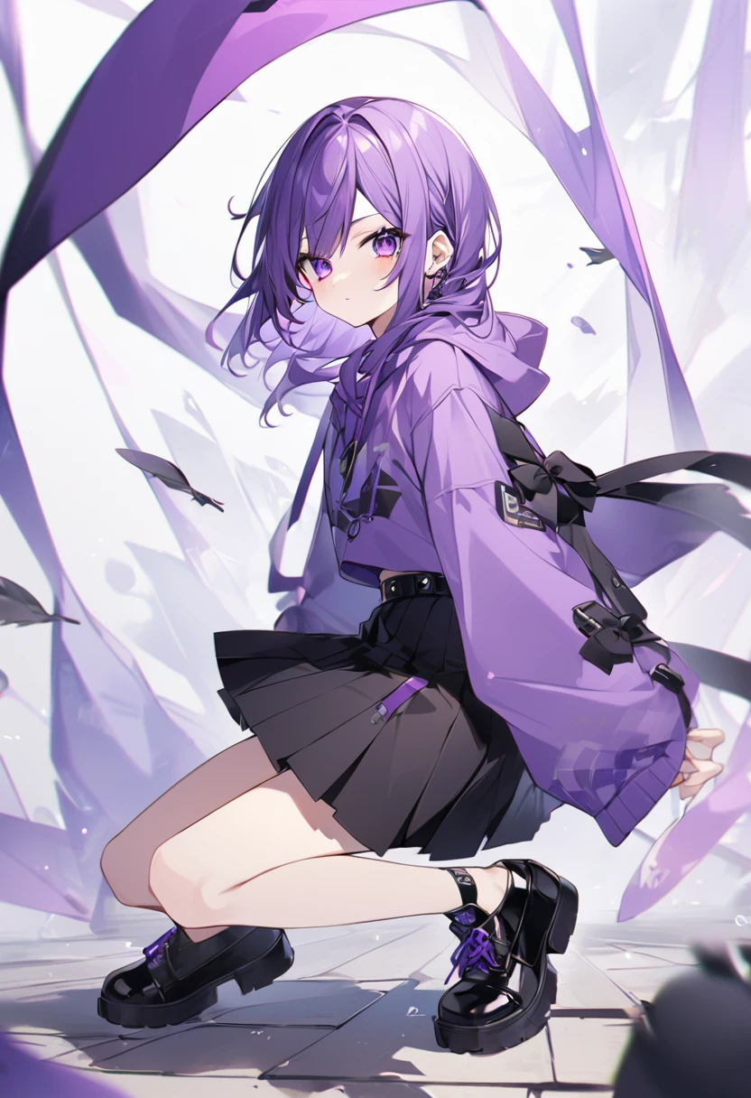 Keito。Purple hoodie。Black Skirt。Purple Eyes。Purple Hair。Black shoes下。Black shoes。