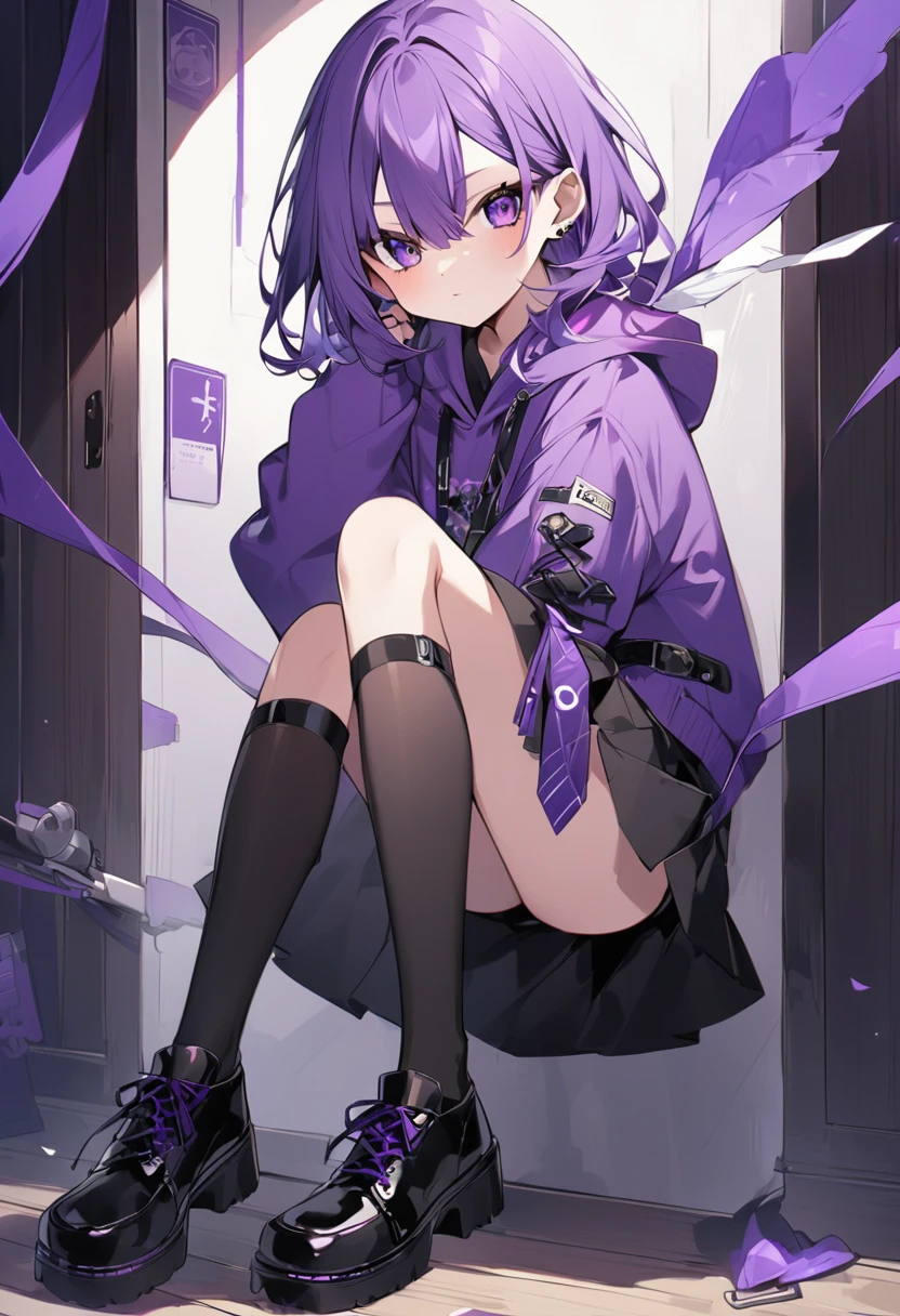Keito。Purple hoodie。Black Skirt。Purple Eyes。Purple Hair。Black shoes下。Black shoes。