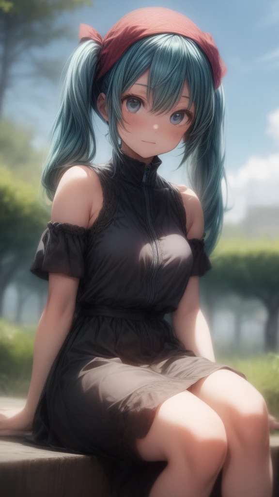 Hatsune Miku wearing a white one-piece dress with an off-the-shoulder look, sitting in nature with a blue sky in the background, in the style of Makoto Shinkai。